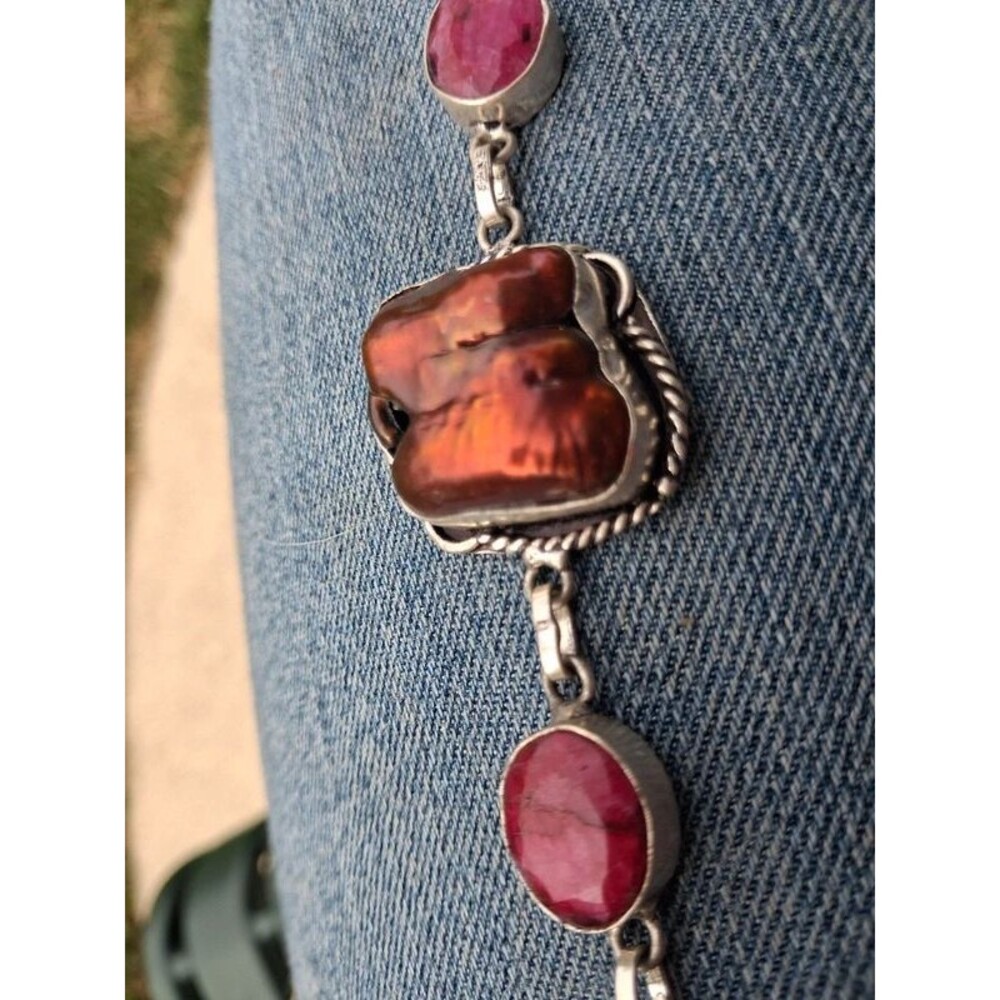 Quirky, purple/pink bracelet with biwa pearl, [simulated] rubies, and coral